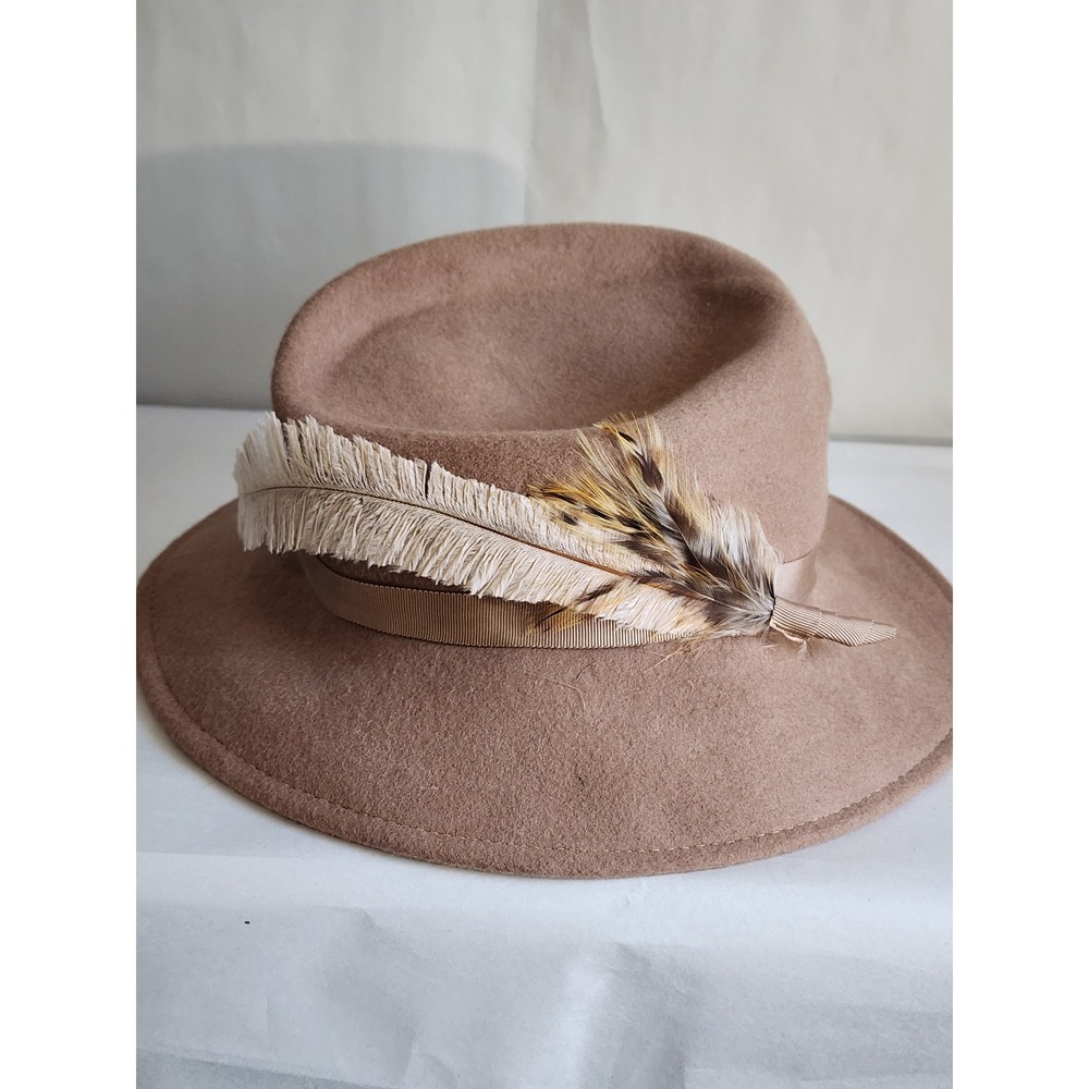Vintage Lancaster 100% Wool Fedora Hat Taupe Feather Trim Made in USA.